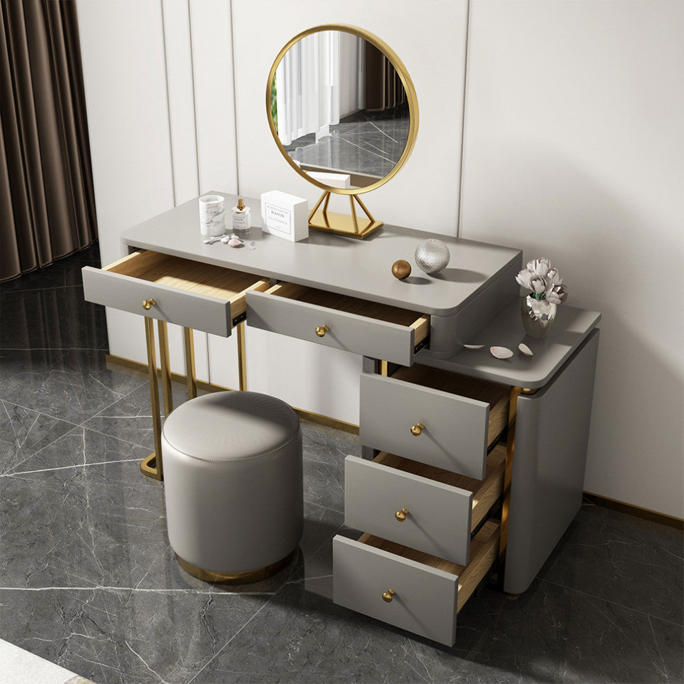 Makeup Vanity Set with Drawers Retractable Dressing Table Stool & Mirror