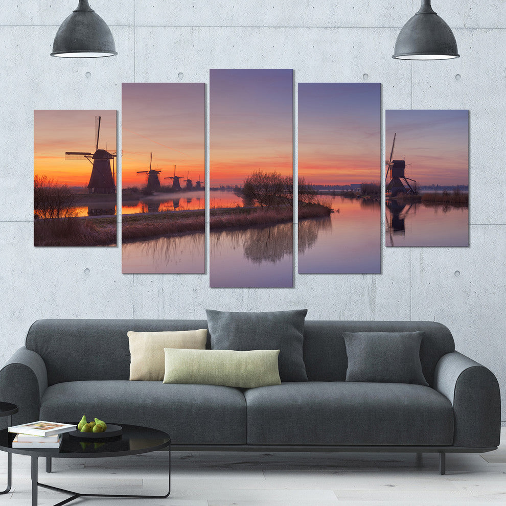 Dutch Windmills Panorama, Contemporary Canvas Wall Art, 60"x32", 5 Panels