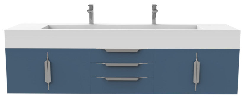 CastelloUSA Nile 72" Wall Mounted Bathroom Vanity Set, Blue, White Top, Chrome Handles