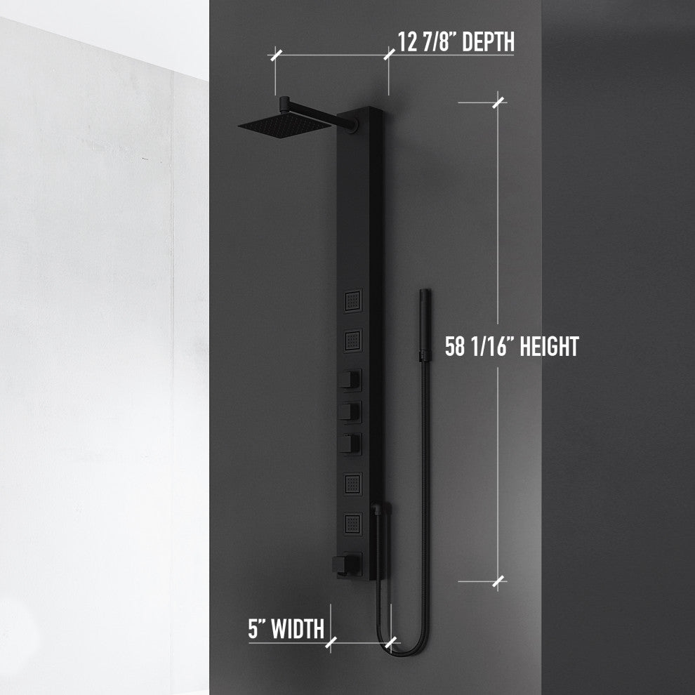 Bowery 58" H x 5" W 4-Jet Shower Panel with Square Shower Head and Tub Filler, Matte Black