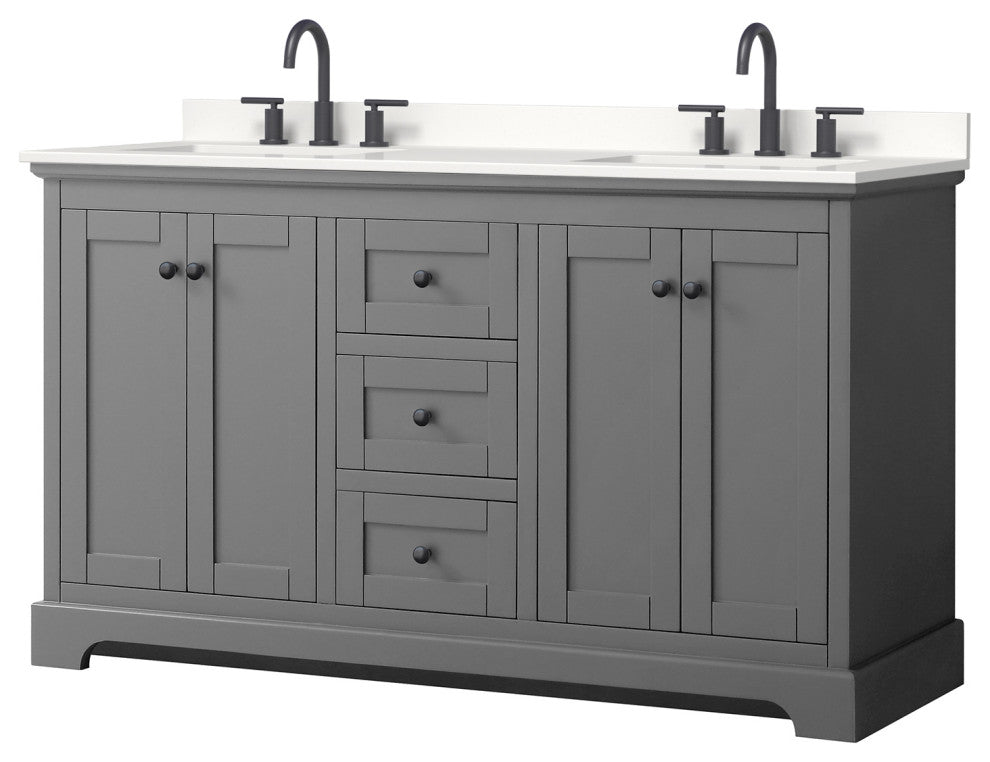 Avery 60" Dark Gray Double Vanity, White Quartz Top (3-Hole), Black Trim