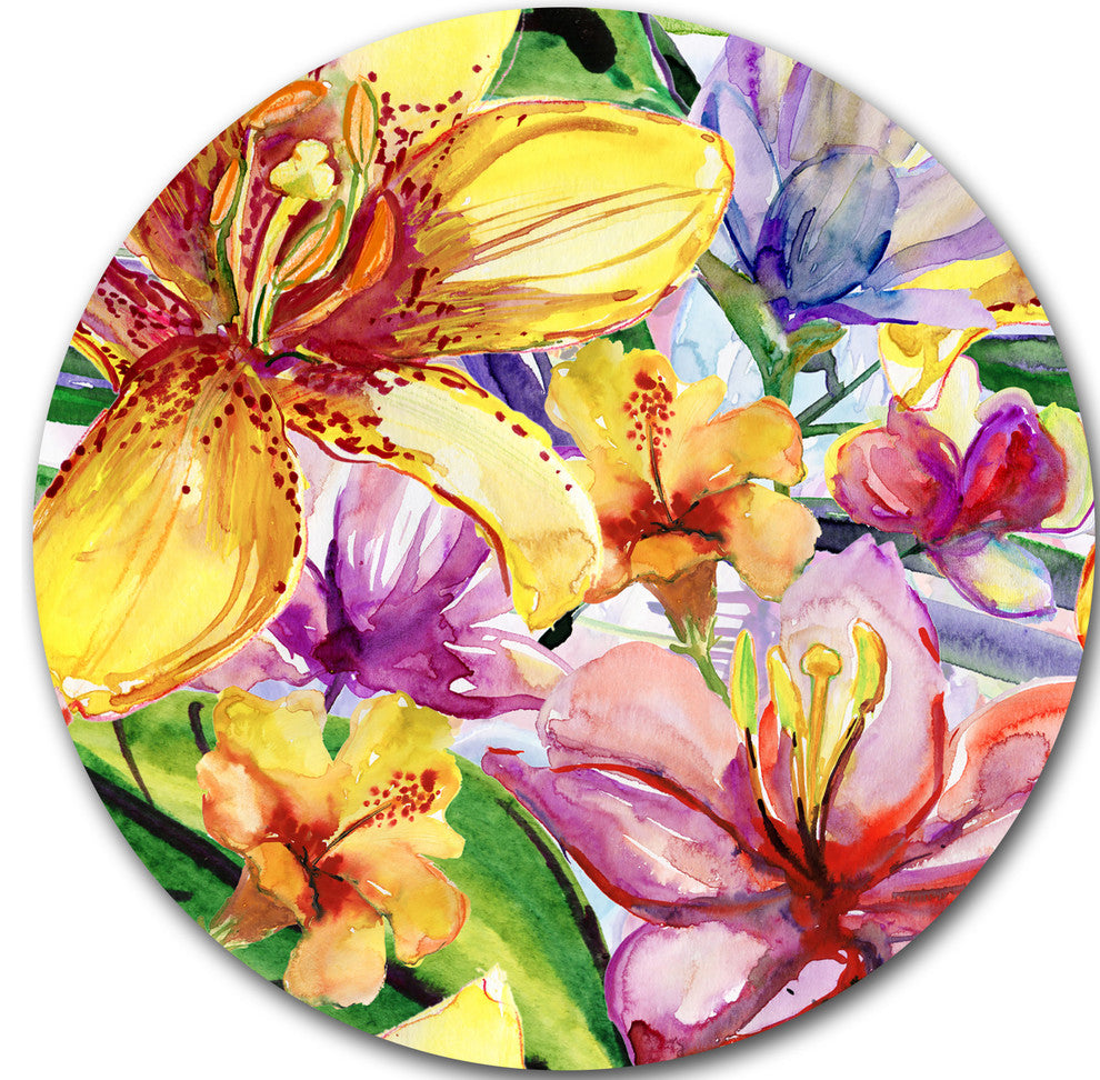 Lily Flowers Illustration Art, Floral Disc Metal Wall Art, 23"