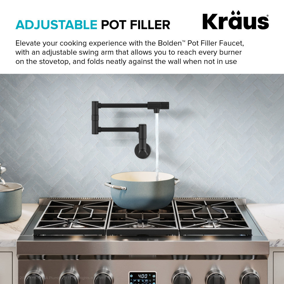KRAUS Bolden 2 Handle Wall Mount Pot Filler Faucet, Retractable Arm, MB