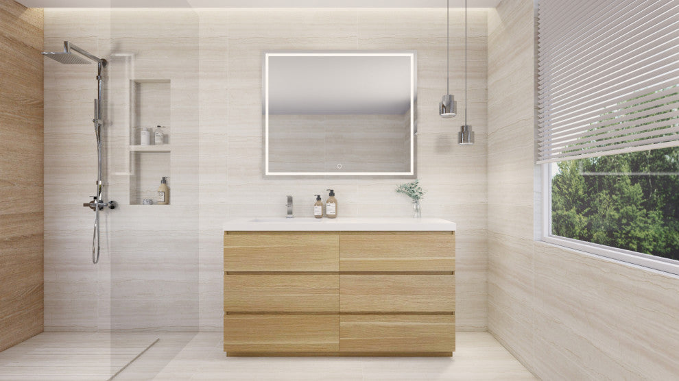 Alston 60" Free Standing Modern Vanity, White Oak, Glossy White Top