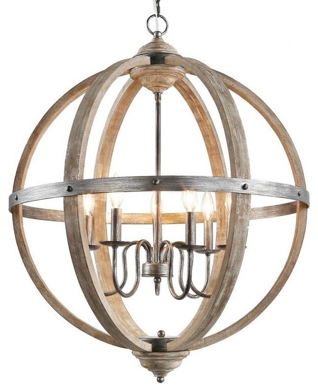 LNC Farmhouse Distressed Wood Orb Chandelier, 6 Lights