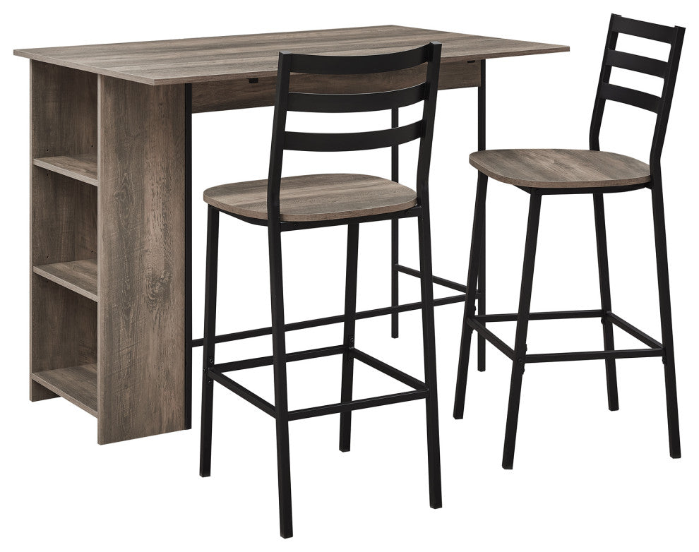 3 Piece Drop Leaf Counter Table Set, Gray Wash