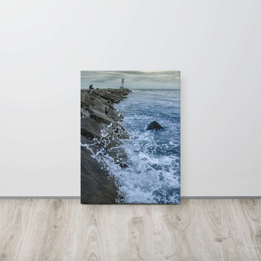 Splashing on the Jetty Coastal Landscape Photo Canvas Wall Art Print, 18" X 24"
