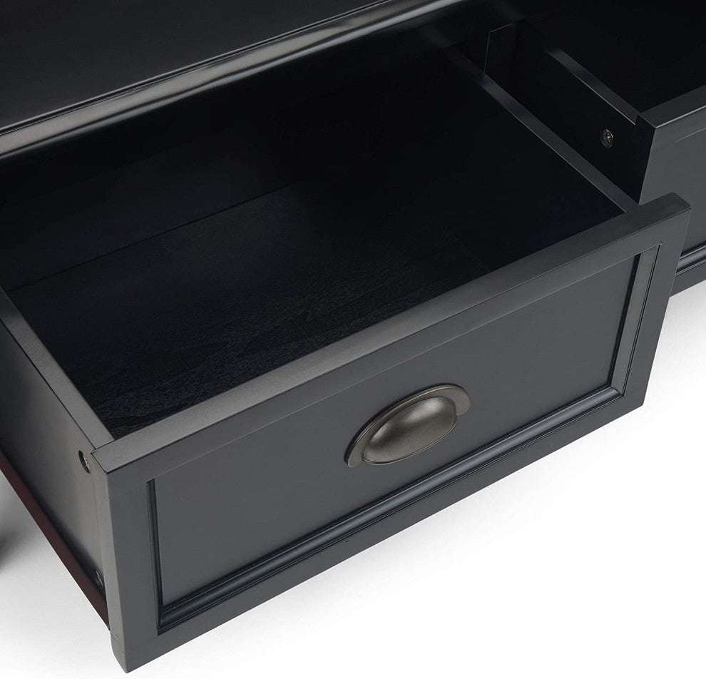 Armless Storage Bench, Slatted Back and 2 Drawers With Cup Pulls, Black