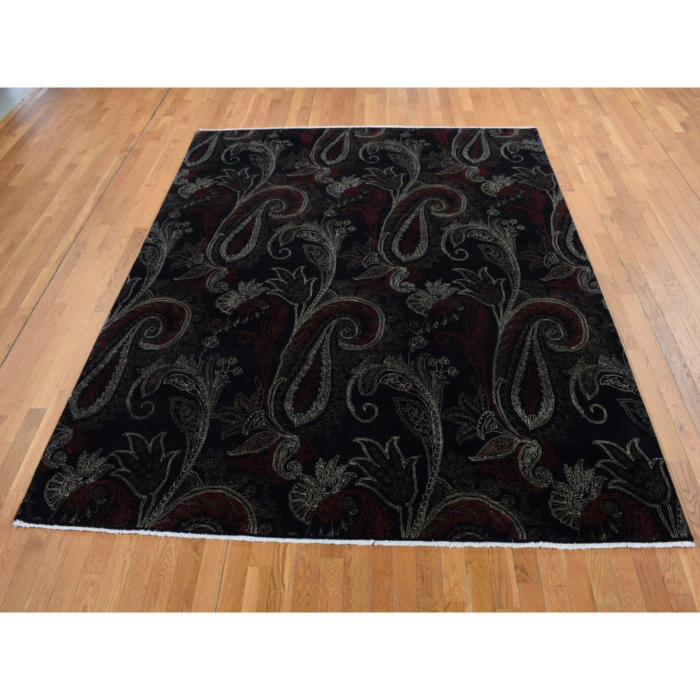 Neutral Black, Modern Design, Hand Knotted Pure Wool Oriental Rug, 8'1"x10'