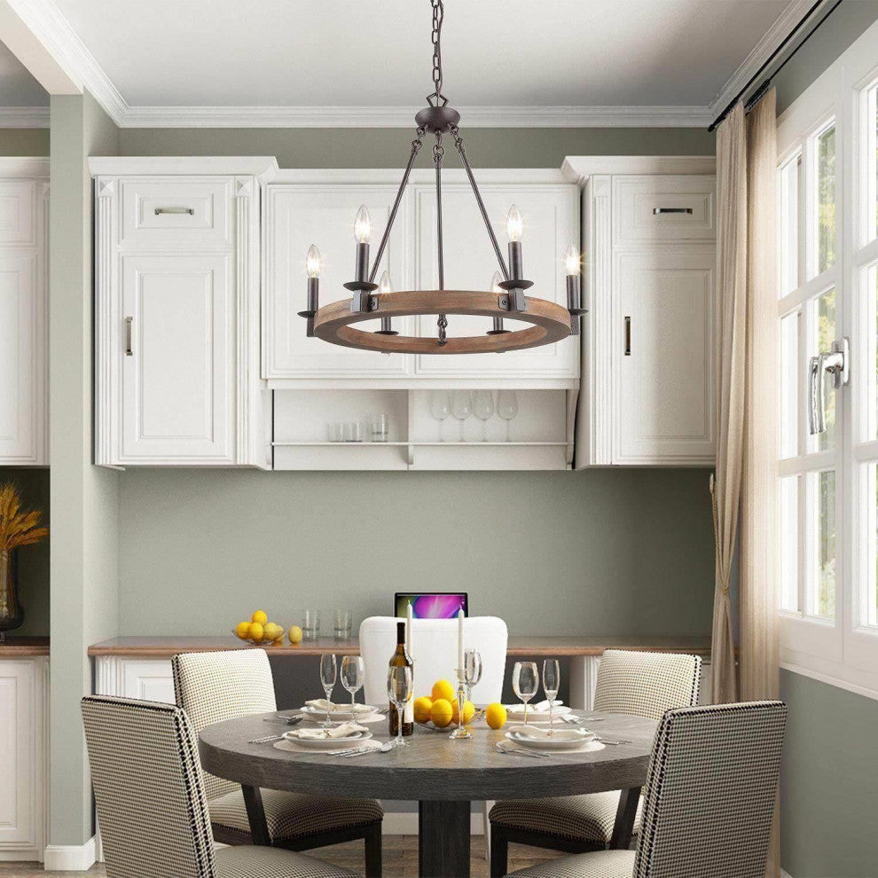 LNC 6-Light Farmhouse Distressed Wood Candle-Style Wagon Wheel Chandelier