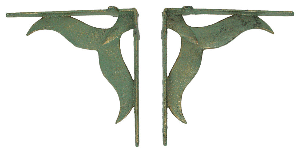 Set of 2 Cast Iron Verdigris Whale Tail Wall Bracket Shelf Decor