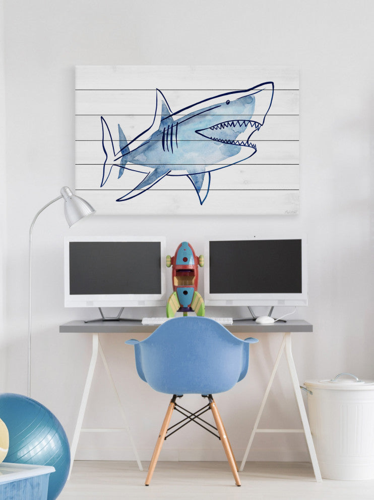 "Shark Outline" Painting Print on White Wood, 36x24