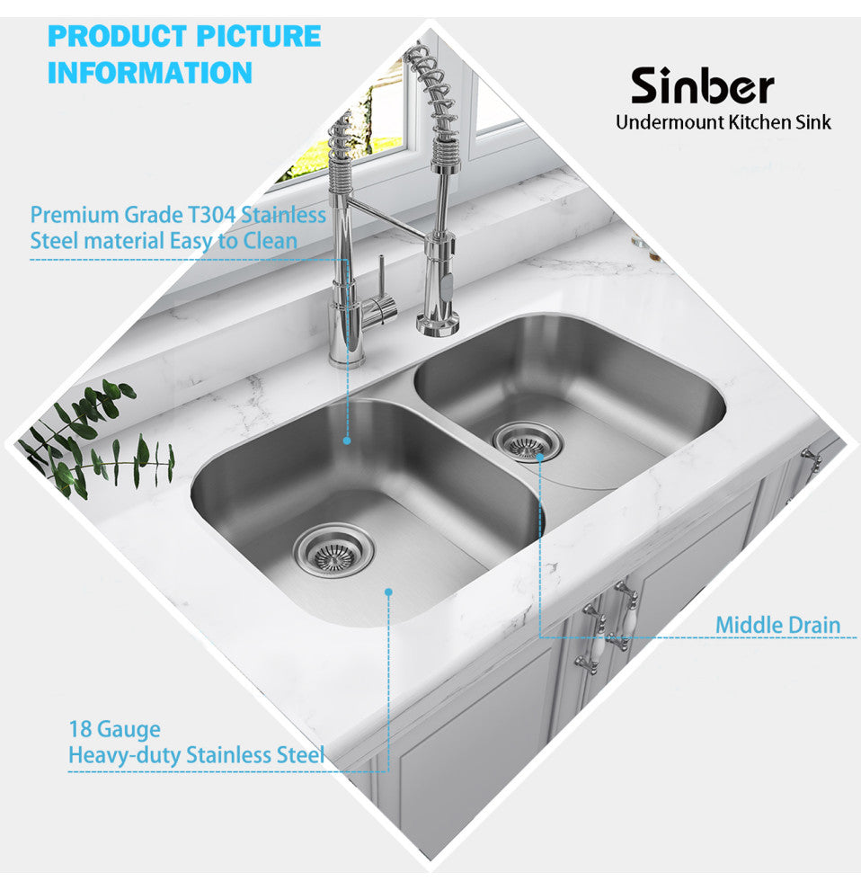 Sinber 32" Undermount Double Bowl 304 Stainless Steel Kitchen Sink