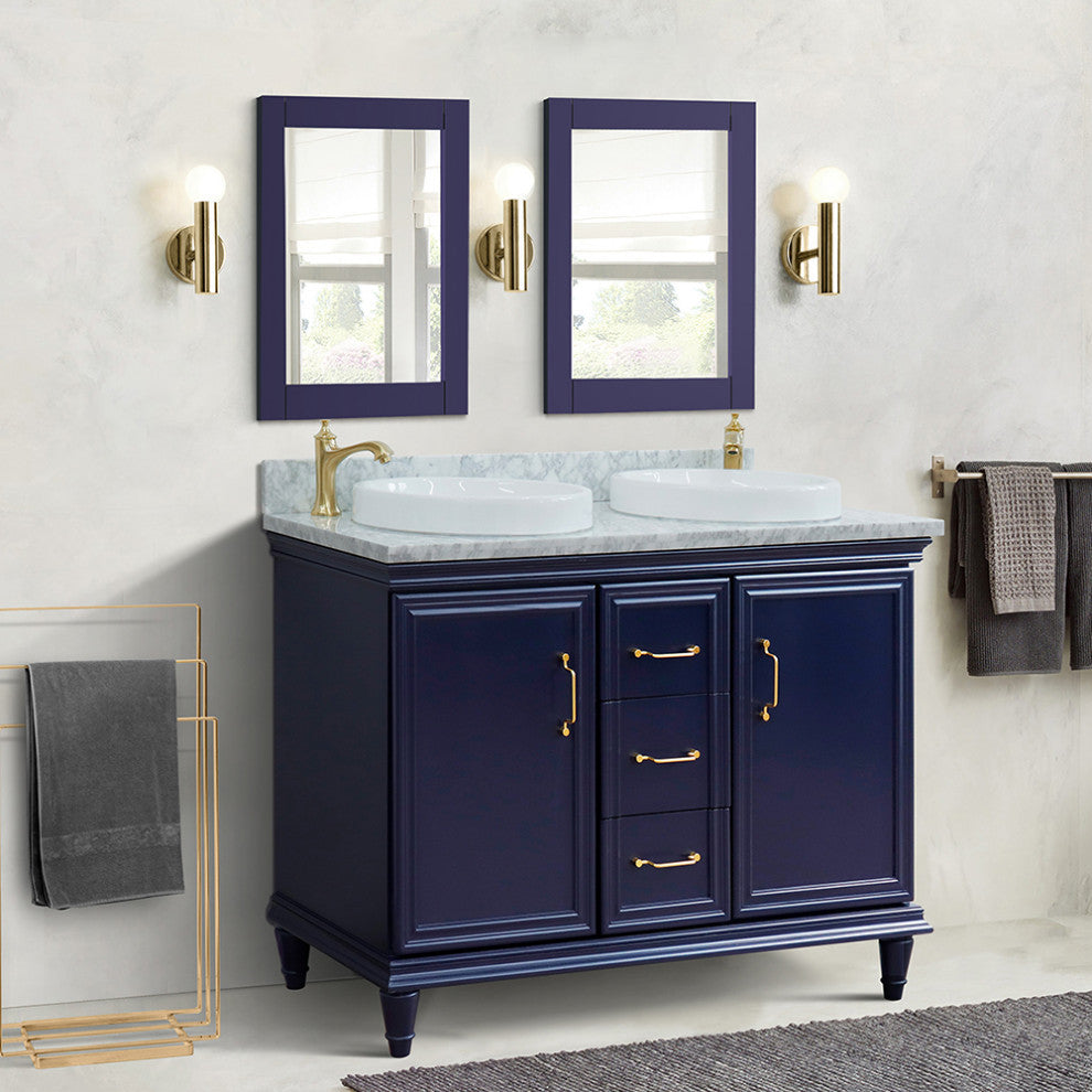 49" Double Vanity, Blue Finish With White Carrara And Round Sink