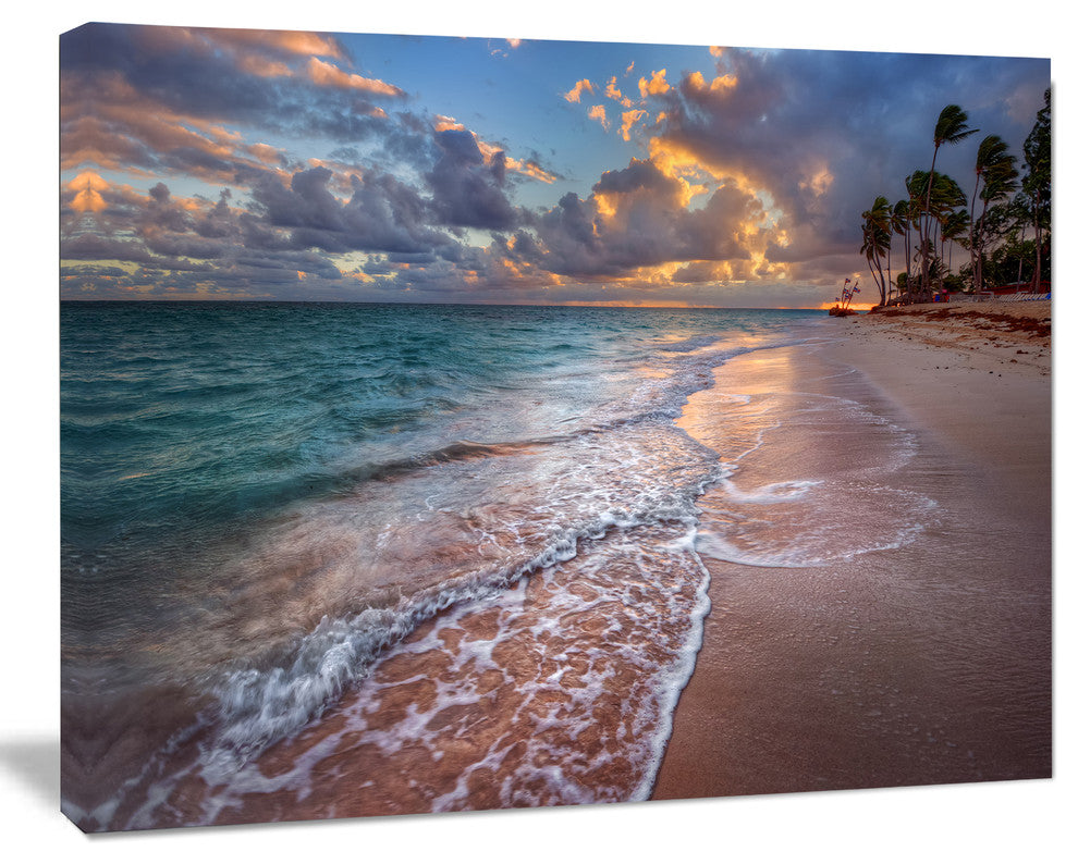 Palm Trees on Clear Sandy Beach, Seashore Canvas Art Print, 20"x12"