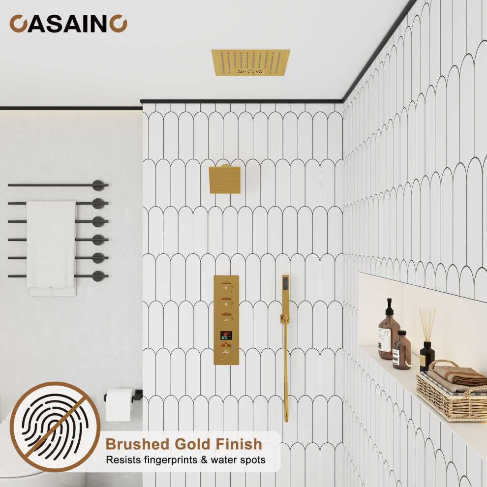 12inch Luxury Shower Dual Shower Head System With LED Light and Bluetooth, Brushed Gold