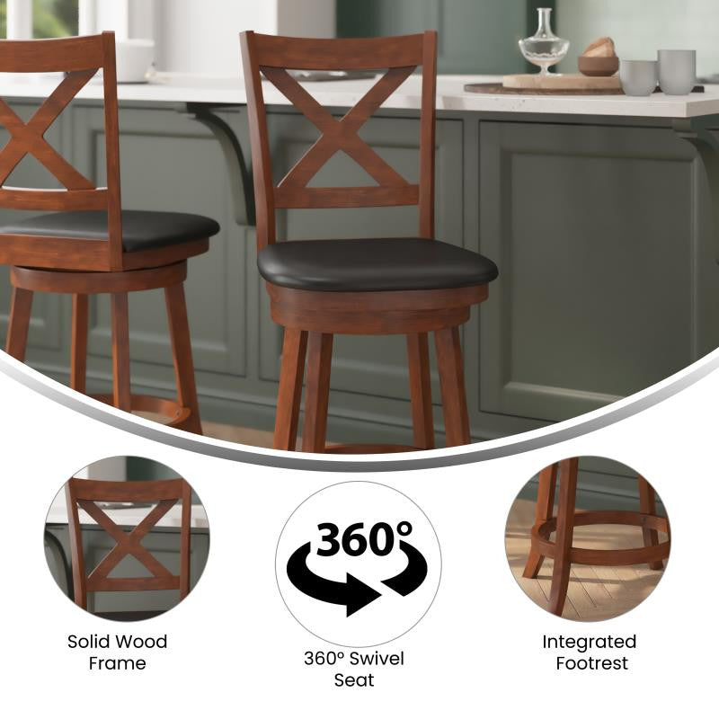 Felicity Wood Crossback Swivel Counter Height Barstool with Upholstered Seat, Black Vinyl/Antique Oak Frame