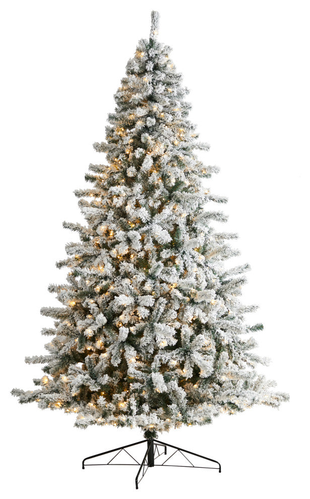 9' Flocked Rock Springs Spruce Xmas Tree W/ 650 LED Lights & Bendable Branches
