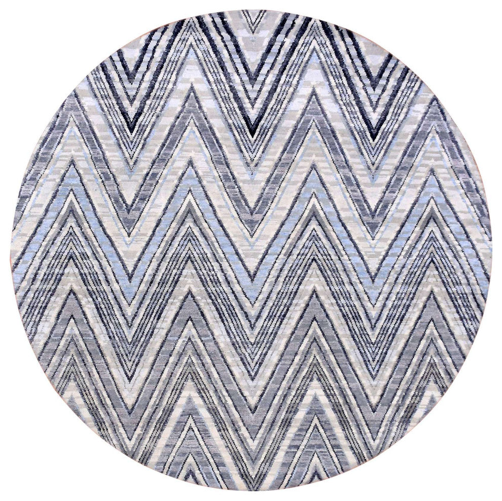 Round Chevron Design Modern Wool and Pure Silk Hand Knotted Rug, 6'0" x 6'0"