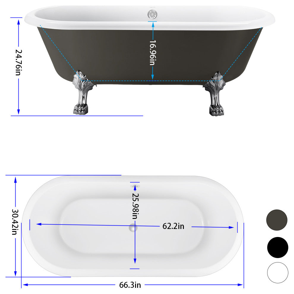 67" Acrylic Clawfoot Roll-Top Soaking Bathtub, Gray