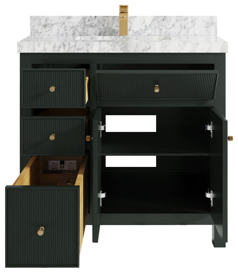 Sonoma 36 Center Sink Reeded Bath Vanity in Dark Forest Green 2" Carrara Marble