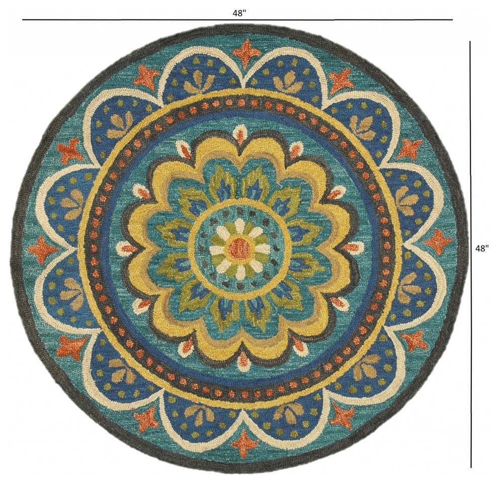 4' Round Blue Floral Mandala Area Rug