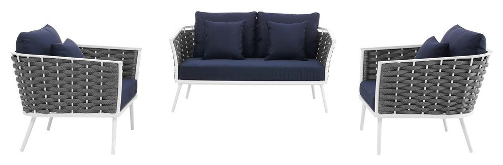 Stance 3 Piece Outdoor Patio Aluminum Sectional Sofa Set, White Navy