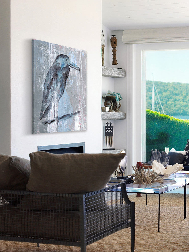 "Blue-Grey Bird" Painting Print on Wrapped Canvas, 24"x36"