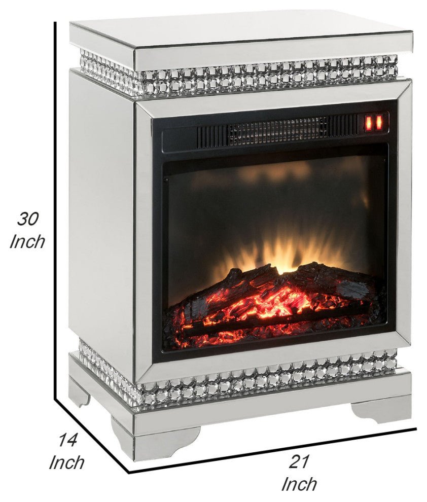 Benzara BM250304 Electric Fireplace, Mirror Panel Framing/Faux Diamonds Silver