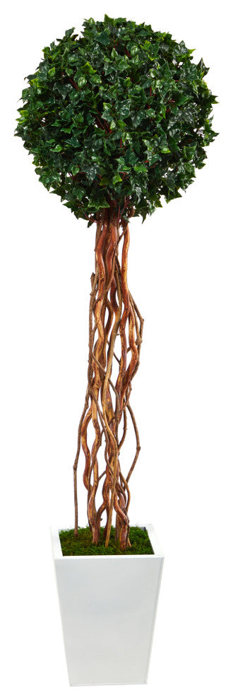 62" English Ivy Single Ball Faux Topiary Tree, Metal Planter Indoor/Outdoor