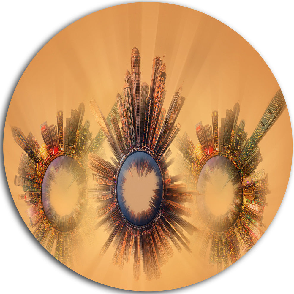 Miniature Earth Planets With Skyscrapers, Abstract Disc Artwork, 36"