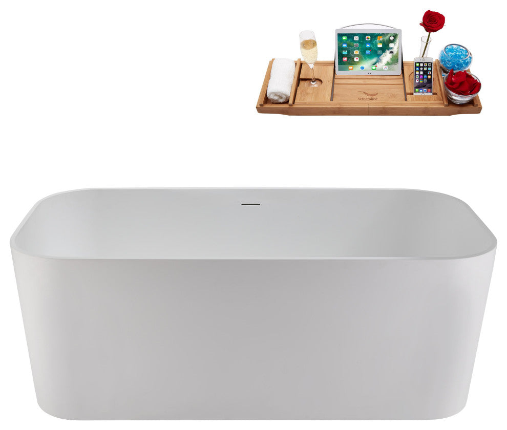59" Streamline NS5780CH Matte White Stone Resin Bathtub, Tray With Chrome Drain