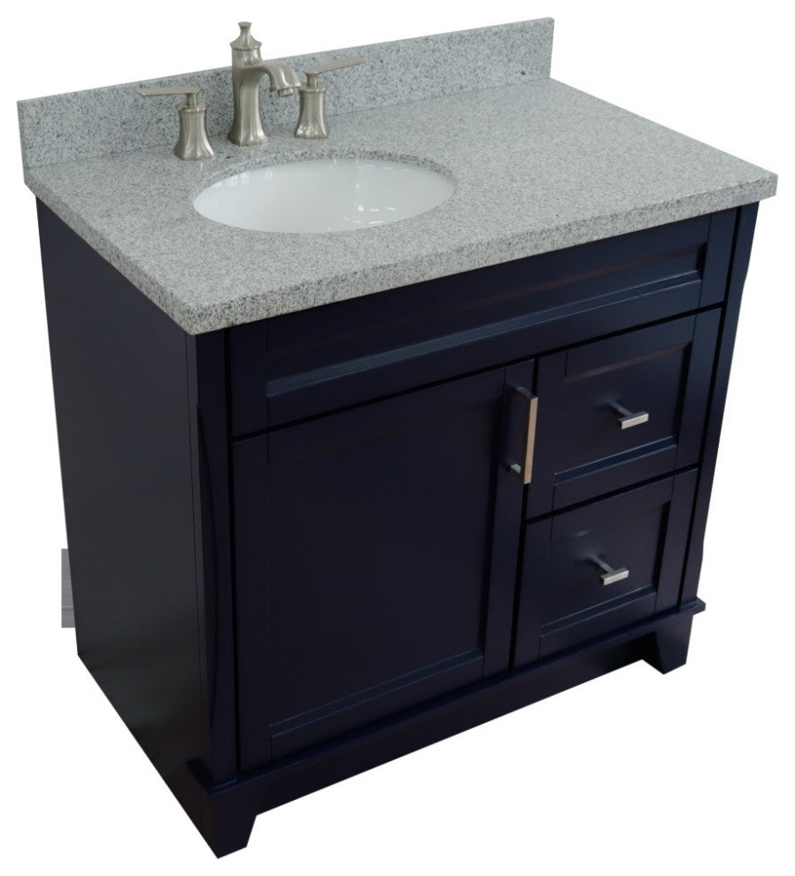 37" Single Sink Vanity, Blue Finish With Gray Granite And Left Door/Left Sink