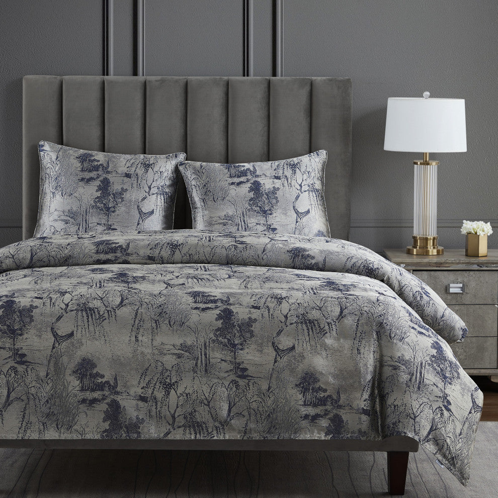 Pastoral Jacquard Duvet Cover Set, 3 Piece, Silver, Queen