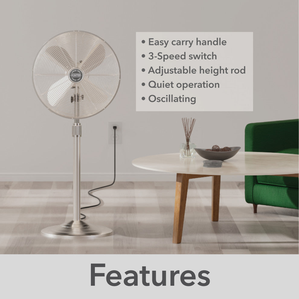 Hunter Classic Brushed Nickel 4-Blade Oscillating 3-speed Standing Fan