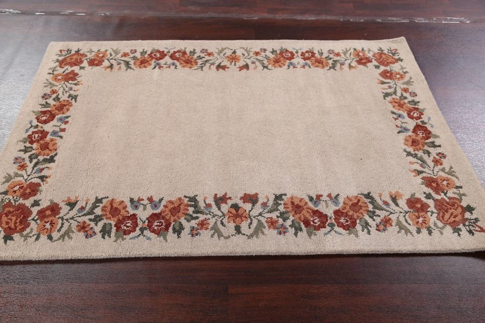 Oushak Hand Tufted Oriental Floral Area Rug Solid, Beige, 5x8'