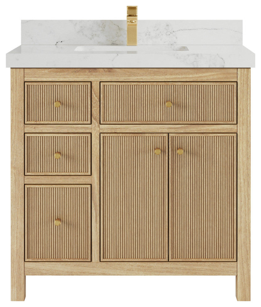 Sonoma 36 Center Sink Bath Vanity in Light Natural Teak with 2" Calacatta Nuvo