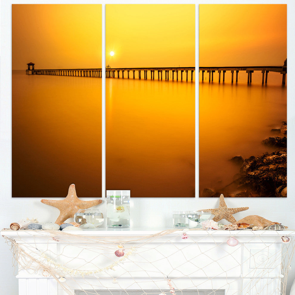 "Yellow Tinged Seashore and Long Pier" Metal Wall Art, 3 Panels, 36"x28"