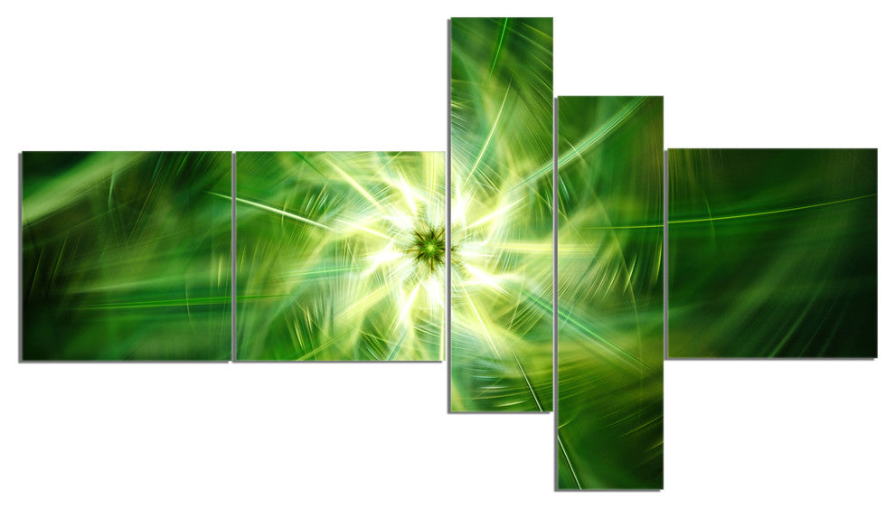 Rotating Fractal Green Fireworks, Floral Canvas Art Print, 60"x32", 5 panels