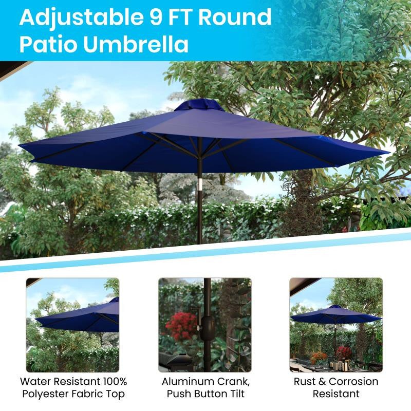 Lark 7 Pc Patio Set -4 Stacking Chairs, 30" x 48" Table & Umbrella with Base, Na