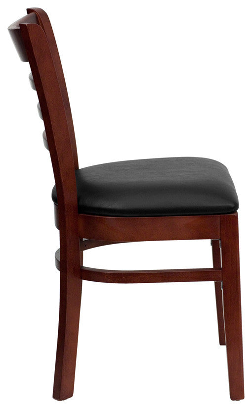 Ladder Back Mahogany Wood Restaurant Chair, Black Vinyl Seat
