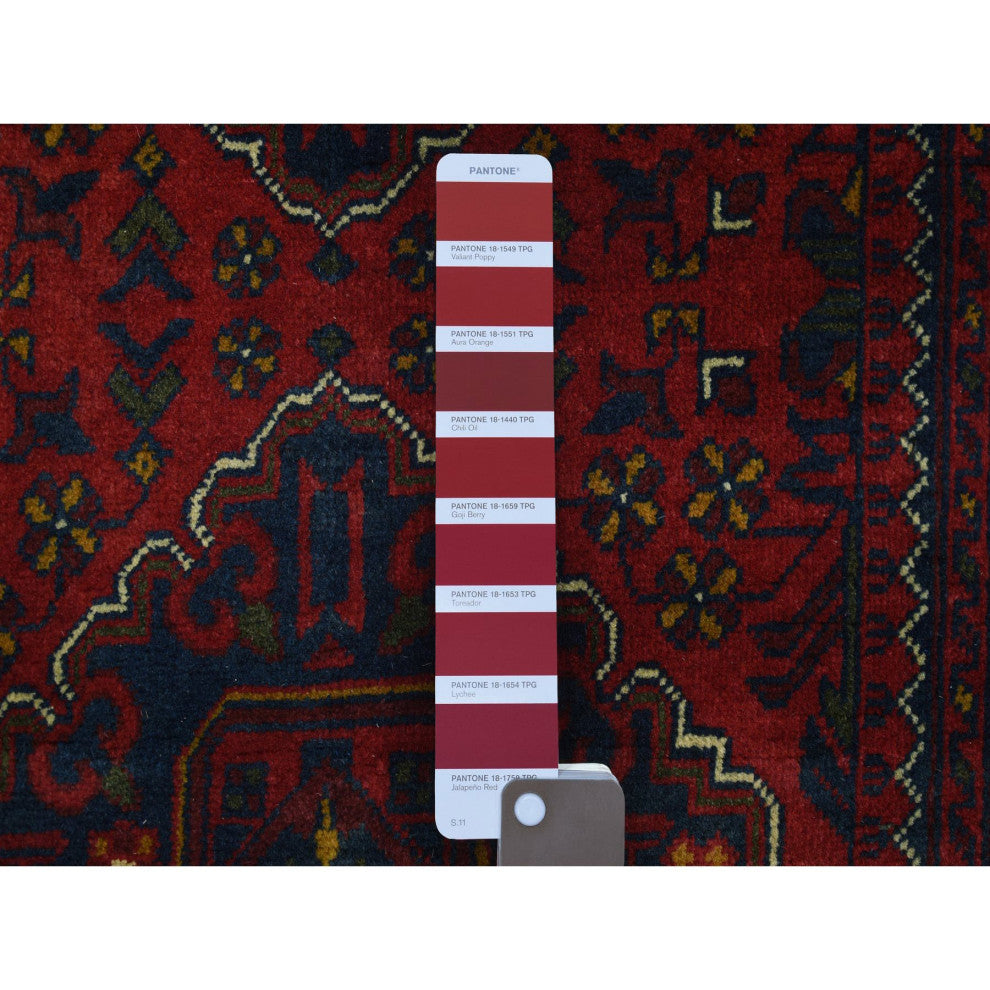 Red Geometric Design Hand Knotted Afghan Khamyab Runner Orientel Rug, 3'x9'10"