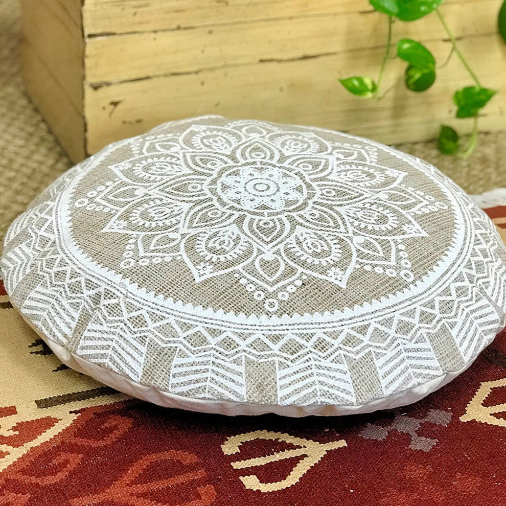 Mandala Floor Cushion, Beige and White, 22" Diameter