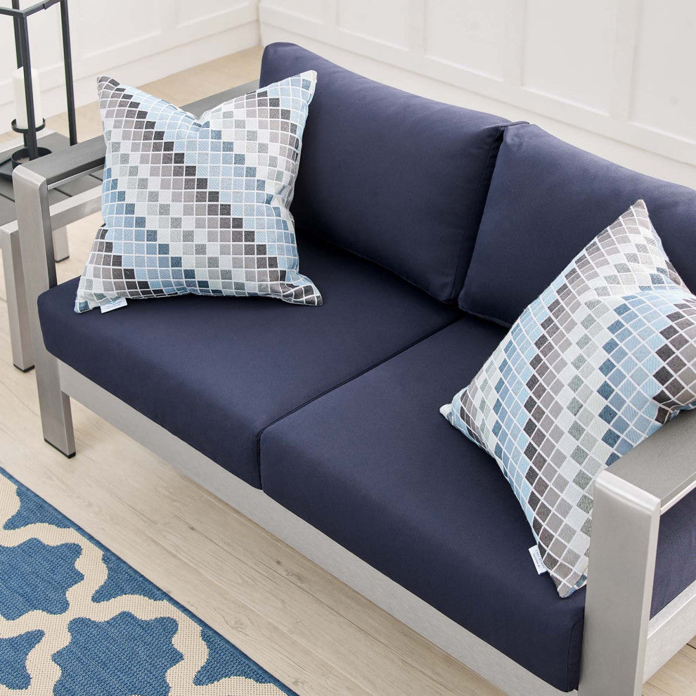 Lounge Loveseat Sofa, Sunbrella, Fabric, Aluminum, Silver Blue Navy, Outdoor