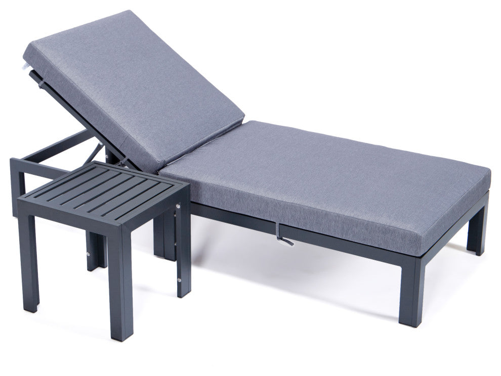 LeisureMod Chelsea Chaise Lounge Chair With Cushions & Side Table, Blue