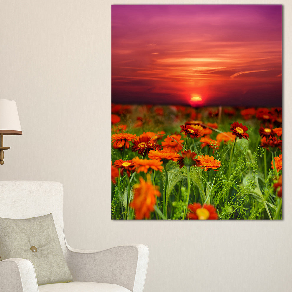"Sunset Flowers With Red Sky" Modern Landscape Wall Art Canvas, 20"x40"