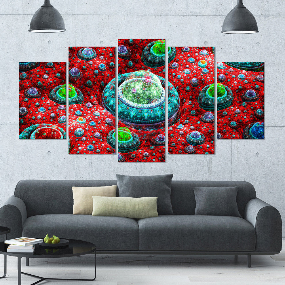 Red Fractal Exotic Planet, Contemporary Canvas Art Print, 60"x32", 5 Panels