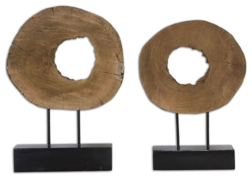 Natural Wood Slice Modern Sculpture Set 2 Abstract Organic Round Live Edge