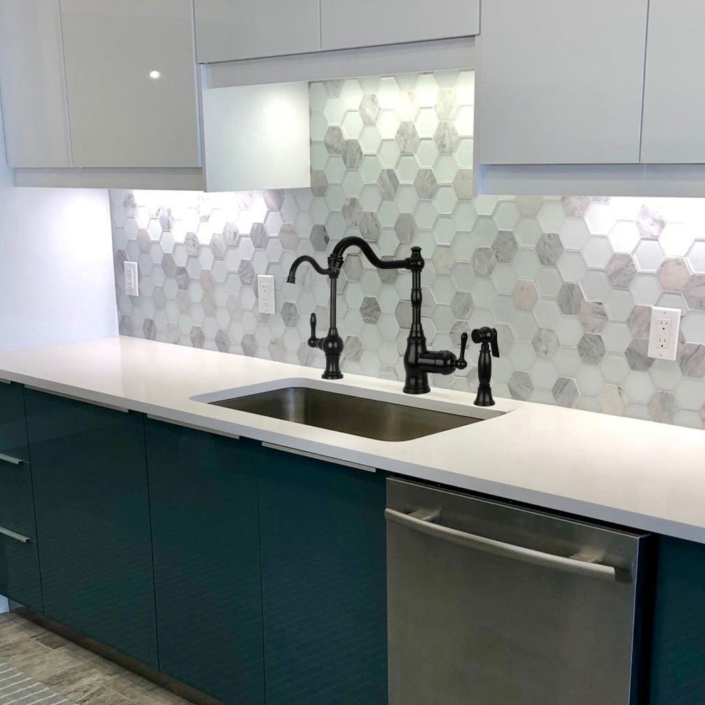 One-Handle Copper Widespread Kitchen Faucet with Side Sprayer, Matte Black