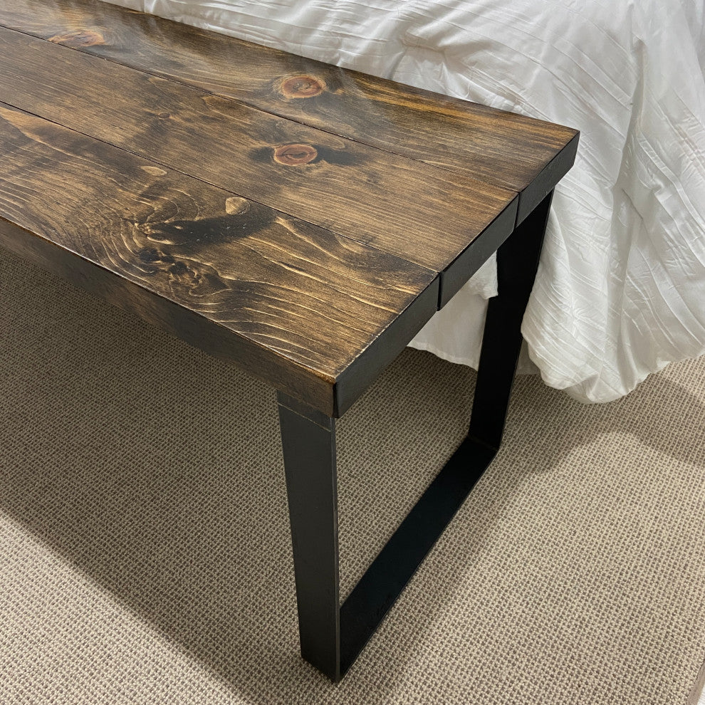 Bedroom or Entryway Bench, Heavy Duty Industrial Metal Legs, Dark Brown, Length 36", Fits Twin Bed